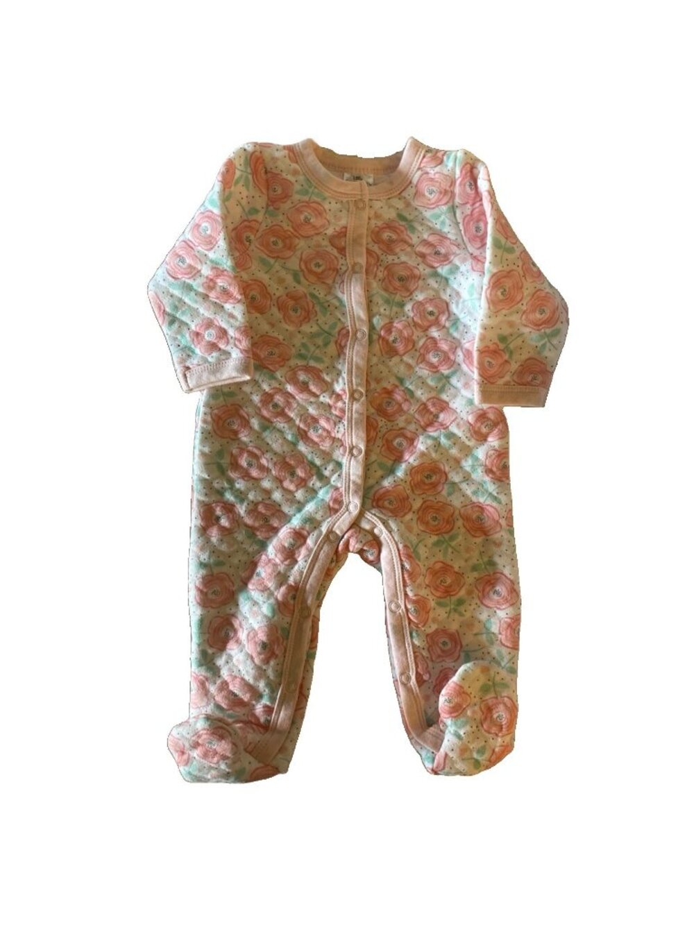 Little Beginnings Baby Girl Pink Roses Footy Pajamas One Piece 0-3 Mos Quilted